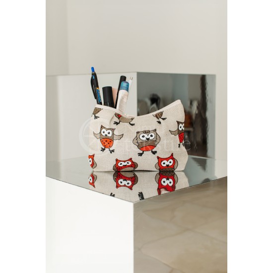 Colourful half-linen cosmetic bag "Owls orange"